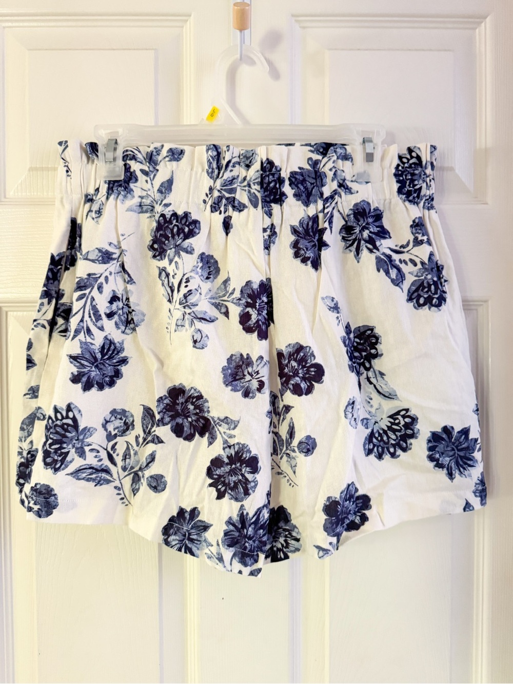 Lush White Navy Wildflower Print Linen Blend Casual Summer Shorts Women's L